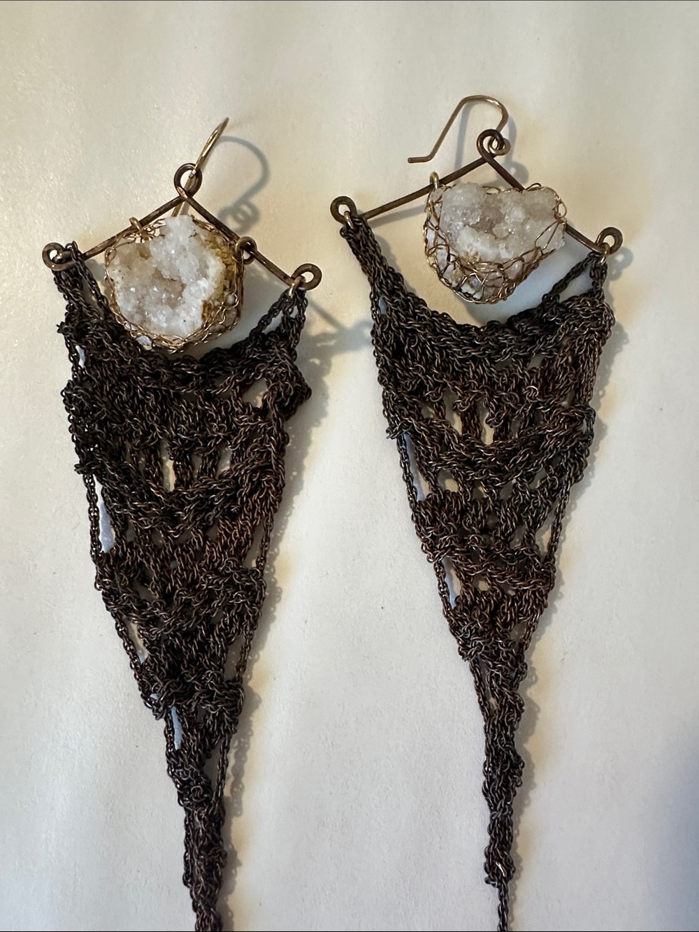 Handcrafted Brass Chainmail Drop Earrings with White Crystal